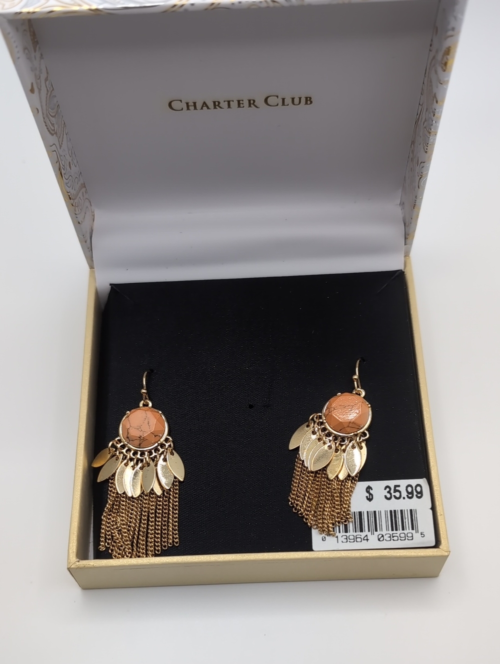 MACY'S Boho Orange Marbled Earrings w/ Gold Chain Tassel & Leaf Charms NWT